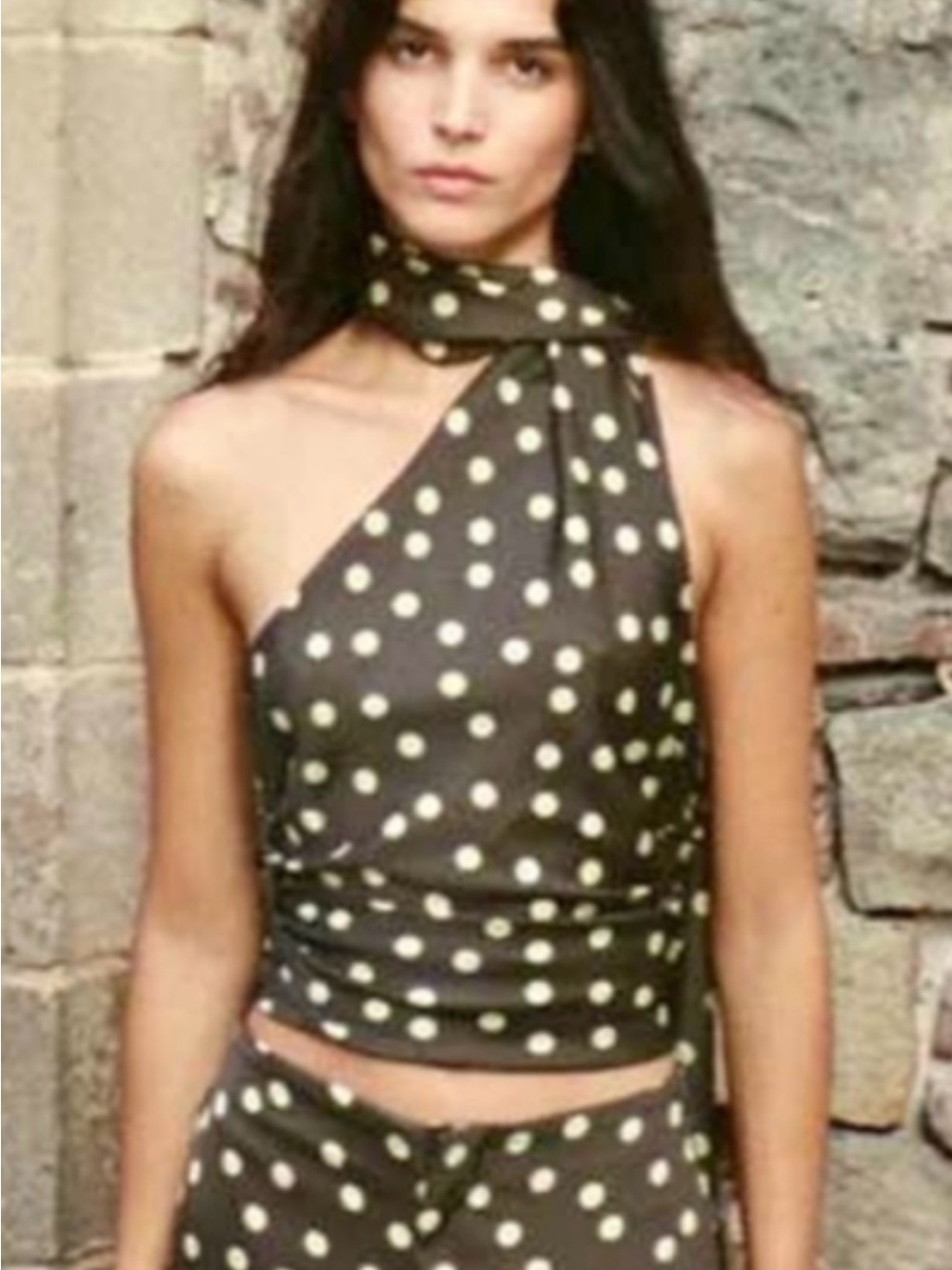 Zara Black One-Shoulder Polka Dot Scarf Top